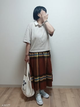 「アイテム（ポロシャツ）」を使った、mochaさん（レディース・155cm）の秋コーディネート