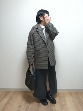 「GU（ジーユー）のコージーメルトンチェックハーフコート（ジャケット/アウター、ブラウン系）」を使った、mochaさん（レディース・155cm）の春コーディネート