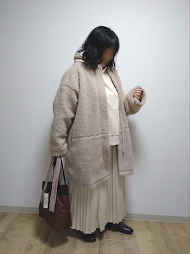 「アイボリー」｜「アイテム（ノーカラージャケット）」を使った、mochaさん（レディース・155cm）の冬コーディネート