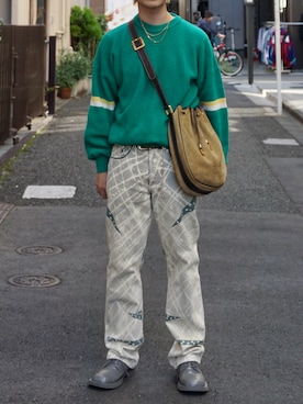 「VINTAGE（ヴィンテージ）のアイテム（ニット/セーター、グリーン系）」を使った、tsukasa さん（メンズ・165cm）の夏コーディネート