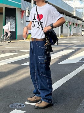 「VINTAGE（ヴィンテージ）のアイテム（Tシャツ/カットソー、ホワイト系）」を使った、tsukasa さん（メンズ・165cm）の春コーディネート