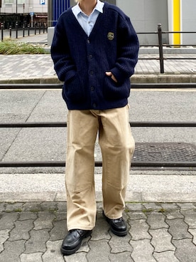 「LACOSTE（ラコステ）のトーナルアーガイル柄 Vネックコットンニットカーディガン（カーディガン/ボレロ、ブルー系）」を使った、tsukasa さん（メンズ・165cm）の春コーディネート