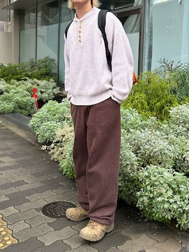 「Eddie Bauer（エディーバウアー）の【ヴィンテージ古着】90s Eddie Bauer/エディーバウアー ヘンリーネック コットンニット USA製（ニット/セーター、ベージュ系）」を使った、tsukasa さん（メンズ・165cm）の春コーディネート