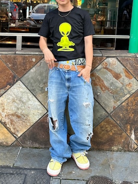 「VINTAGE（ヴィンテージ）のアイテム（Tシャツ/カットソー、ブラック系）」を使った、tsukasa さん（メンズ・165cm）の夏コーディネート