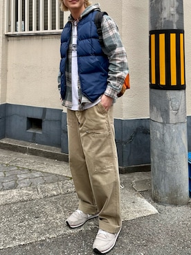 「Eddie Bauer（エディーバウアー）のカナディアン ベスト（ダウンベスト、ブルー系）」を使った、tsukasa さん（メンズ・165cm）の春コーディネート