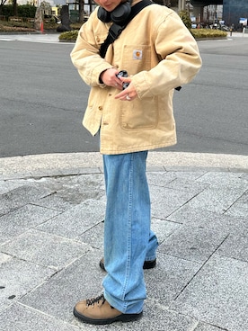 「Carhartt（カーハート）の2A.M. 予約販売 THRIFTY LOOK スリフティルック /CARHARTT ONE-TUCK 5POCKET カーハート（デニムパンツ、ブルー系）」を使った、tsukasa さん（メンズ・165cm）の春コーディネート