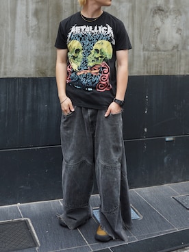 「VINTAGE（ヴィンテージ）のアイテム（Tシャツ/カットソー、ブラック系）」を使った、tsukasa さん（メンズ・165cm）の春コーディネート