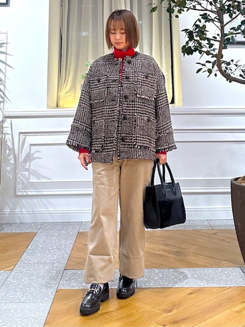 セール】グレンチェックツイードショートコート（ノーカラージャケット