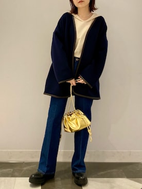 「ネイビー」｜「アイテム（ノーカラーコート）」を使った、MIKIさん（レディース・152cm）の秋コーディネート