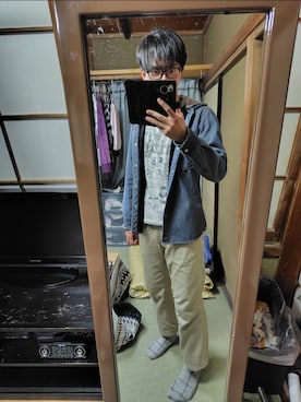 「しまむら（シマムラ）のアイテム（パーカー、ブルー系）」を使った、わっきいさん（メンズ・172cm）の春コーディネート