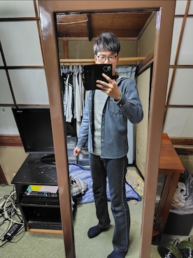 「しまむら（シマムラ）のアイテム（パーカー、ブルー系）」を使った、わっきいさん（メンズ・172cm）の春コーディネート