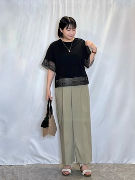 「SHOO・LA・RUE（シューラルー）のジュートランチトートバッグ（トートバッグ、ブラック系）」を使った、ネリさん（レディース・162cm）の春コーディネート
