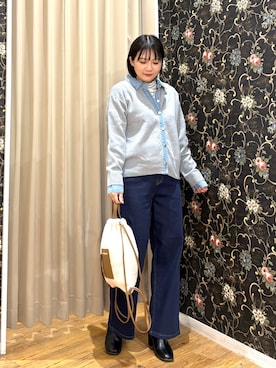 「SHOO・LA・RUE（シューラルー）の【S-LL/洗濯機可】デニム／チェック切替でこなれ見え 金ボタンニットカーディガン（カーディガン/ボレロ、グレー系）」を使った、ネリさん（レディース・163cm）の秋コーディネート