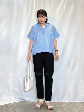 「SHOO・LA・RUE（シューラルー）の【2点セット/S-LL/洗濯機可】時短でコーデ決まる スラブスキッパーシャツ＋タンクトップ（その他トップス、ブルー系）」を使った、ネリさん（レディース・162cm）の夏コーディネート