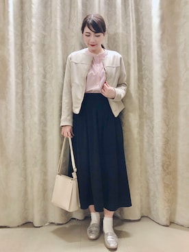 「DRESKIP（ドレスキップ）のアイテム（ノーカラージャケット）」を使った、ネリさん（レディース・162cm）の春コーディネート