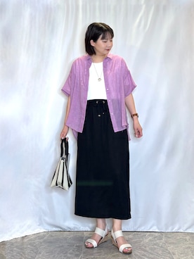 「SHOO・LA・RUE（シューラルー）の【体型カバー】柔らかな透け感 ヒップがすっぽり隠れる 5分袖シャツ（シャツ/ブラウス、ピンク系）」を使った、ネリさん（レディース・162cm）の夏コーディネート