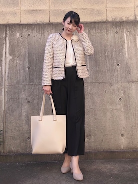 「ツイードジャケット」｜「アイテム（ノーカラージャケット、ピンク系）」を使った、ネリさん（レディース・162cm）の冬コーディネート
