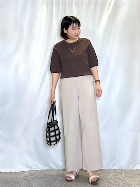 「SHOO・LA・RUE（シューラルー）の【毎日洗える/S-LL/ひんやり/UV】上半身すっきり 二の腕見せない5分袖ニット（ニット/セーター、ブラウン系）」を使った、ネリさん（レディース・162cm）の春コーディネート