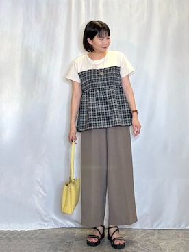 「SHOO・LA・RUE（シューラルー）の【S-LL/洗濯機可】着るだけサマ見え 柄アソートビスチェ風ドッキングTシャツ（Tシャツ/カットソー、ブラック系）」を使った、ネリさん（レディース・162cm）の夏コーディネート
