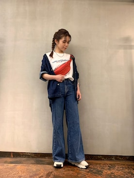 「アイテム（ボディバッグ/ウエストポーチ、レッド系）」を使った、miiさん（レディース・156cm）の夏コーディネート