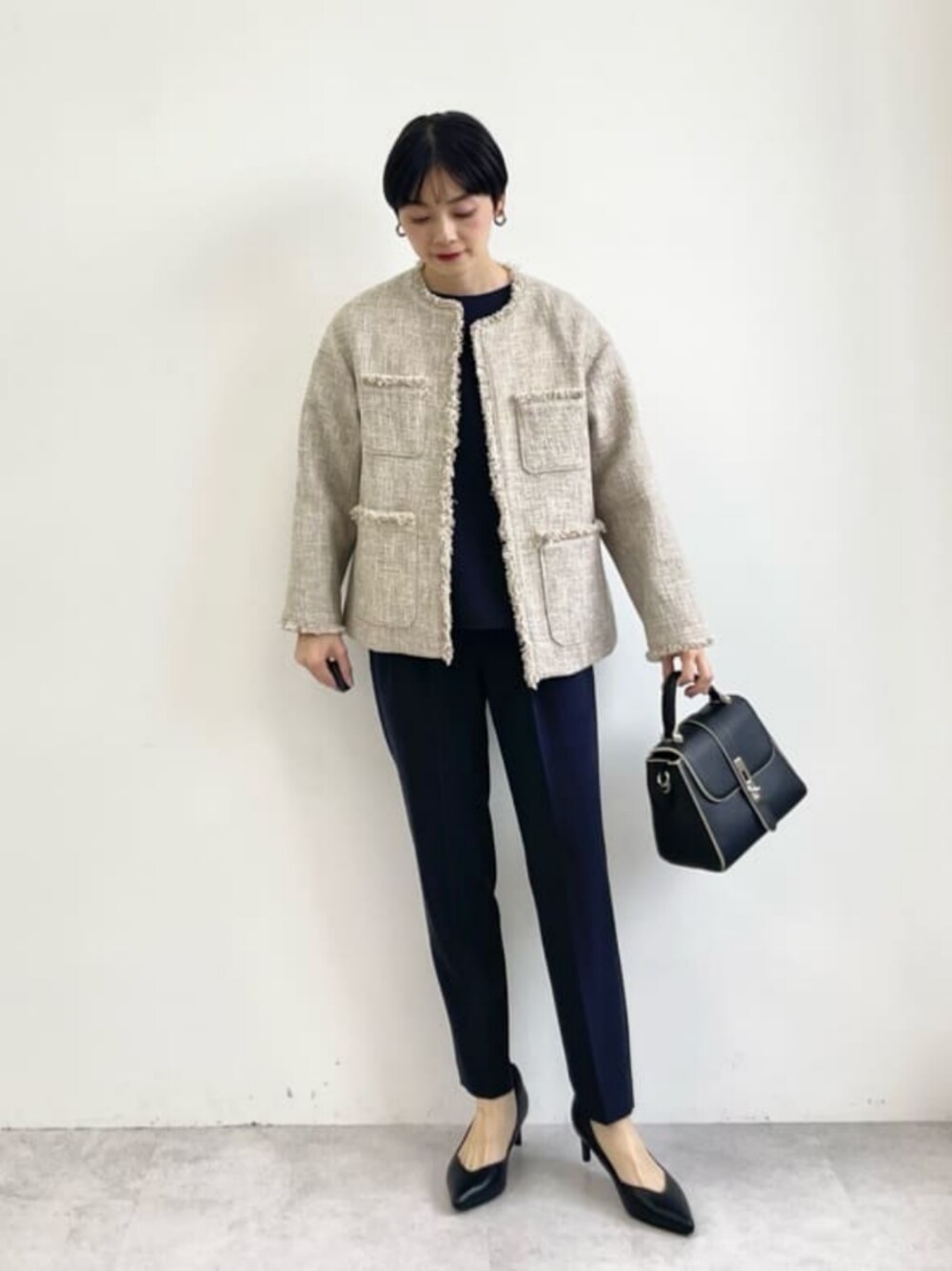 size SHORTあり］ミックスツイードライク ポケット ノーカラー