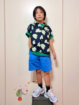 「MARKEY'S（マーキーズ）の総柄半袖メッシュシャツ/セットアップ可（シャツ/ブラウス、グレー系）」を使った、なな✿こうさん（キッズ・128cm）の夏コーディネート
