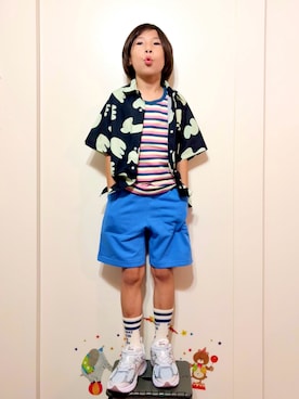 「MARKEY'S（マーキーズ）の総柄半袖メッシュシャツ/セットアップ可（シャツ/ブラウス、グレー系）」を使った、なな✿こうさん（キッズ・128cm）の夏コーディネート