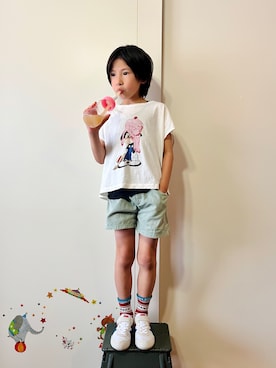 「Onitsuka Tiger（オニツカタイガー）のSERRANO KIDS / セラーノ キッズ（スニーカー、ホワイト系）」を使った、なな✿こうさん（キッズ・132cm）の春コーディネート