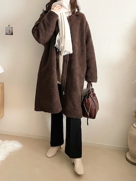 「Chillfar（チルファー）のアイテム（ノーカラーコート）」を使った、TOMOさん（レディース・154cm）の冬コーディネート