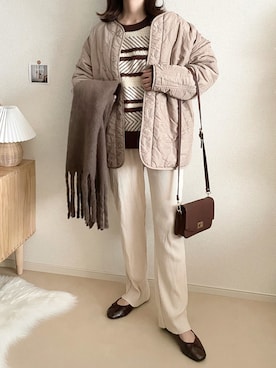 「tiptop（ティップトップ）のアイテム（ノーカラージャケット）」を使った、TOMOさん（レディース・154cm）の秋コーディネート