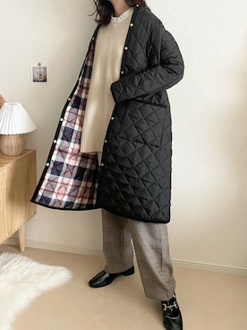 「MACKINTOSH PHILOSOPHY（ﾏｯｷﾝﾄｯｼｭ ﾌｨﾛｿﾌｨｰ）のアイテム（ノーカラーコート）」を使った、TOMOさん（レディース・154cm）の秋コーディネート