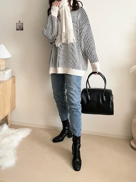 「GRL（グレイル）のテーパードデニムパンツ（デニムパンツ）」を使った、TOMOさん（レディース・154cm）の冬コーディネート