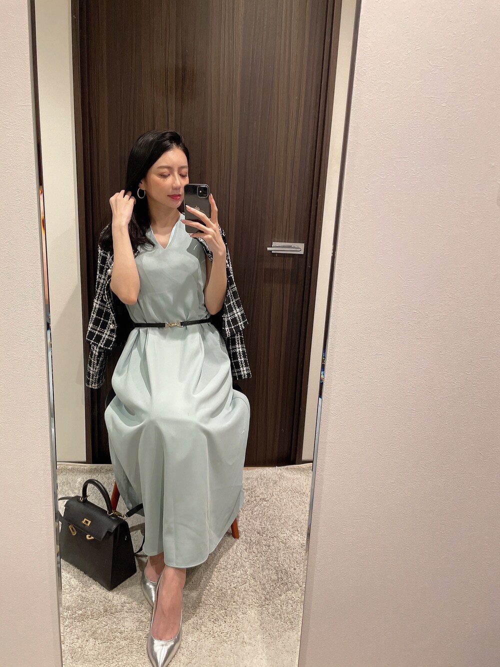 「ECRIRE、エクリール、春、春服みてみて、ツィードジャケット、パンプス、ワンピース、キレイめコーデ」｜「ECRIREの【TOMOコラボ】２WAYノースリーブワンピース（ワンピース、グリーン系）」を使った、RUIさん（レディース・165cm）の春コーディネートの1枚目の写真