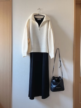 「ジップアップニット」｜「アイテム（ワンピース/ドレス）」を使った、teey+さん（レディース・155cm）の冬コーディネート