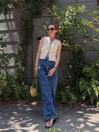 「TODAYFUL（トゥデイフル）のPiping Shirring Blouse（Tシャツ/カットソー）」を使った、Oo.hiro.oOさん（レディース・159cm）の夏コーディネート