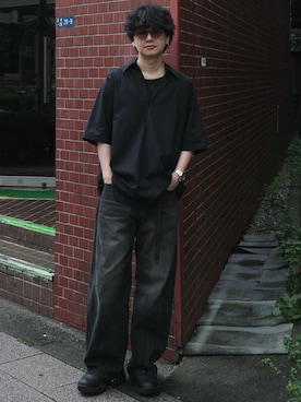 「WYM LIDNM（ウィム バイ リドム）のMVS LAYERED SLIT TANK TOP（タンクトップ、ブラック系）」を使った、げんじさん（メンズ・175cm）の夏コーディネート
