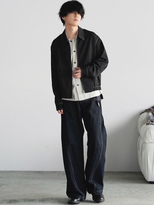「WYM LIDNM（ウィム バイ リドム）のTWILL STITCH LINE SHORT BLOUSON（ブルゾン）」を使った、げんじさん（メンズ・175cm）の春コーディネート