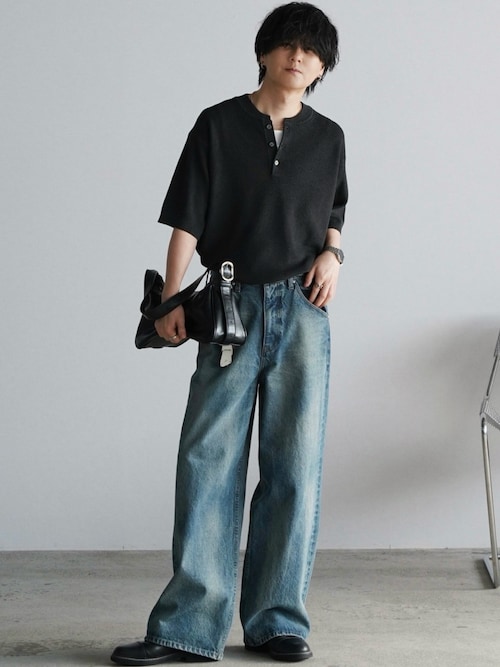 「WYM LIDNM（ウィム バイ リドム）のAZE H/S KNIT HENLEY（ニット/セーター）」を使った、げんじさん（メンズ・175cm）の春コーディネート