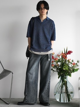 「WYM LIDNM（ウィム バイ リドム）のJACQUARD MESH H/S KNIT POLO（ポロシャツ）」を使った、げんじさん（メンズ・175cm）の夏コーディネート