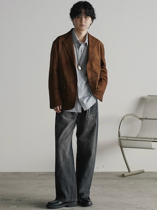 「WYM LIDNM(ウィム バイ リドム)のFAUX SUEDE TAILORED JACKET(テーラードジャケット)」を使った、げんじさん(メンズ・175cm)の秋コーディネート