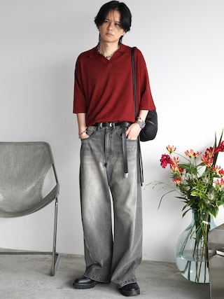 「WYM LIDNM（ウィム バイ リドム）のPIN BORDER KNIT POLO（ポロシャツ）」を使った、げんじさん（メンズ・175cm）の夏コーディネート