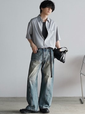 「WYM LIDNM（ウィム バイ リドム）のCOOL TOUCH MICRO SPAN H/S SHIRT（シャツ/ブラウス、ブルー系）」を使った、げんじさん（メンズ・175cm）の春コーディネート