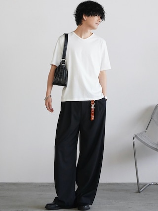 「WYM LIDNM(ウィム バイ リドム)のEXTRA FINE COTTON BASIC TEE -SLIM CROPPED FIT-(V-NECK / CREW-NECK)(Tシャツ/カットソー)」を使った、げんじさん(メンズ・175cm)の夏コーディネート