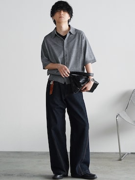 「WYM LIDNM（ウィム バイ リドム）のT/C BASIC HALF SLEEVE KNIT SHIRT（シャツ/ブラウス、グレー系）」を使った、げんじさん（メンズ・175cm）の春コーディネート