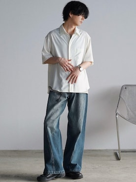 「WYM LIDNM（ウィム バイ リドム）のCOOL TOUCH MICRO SPAN H/S SHIRT（シャツ/ブラウス、ホワイト系）」を使った、げんじさん（メンズ・175cm）の春コーディネート