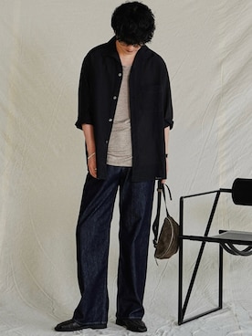 「LIDNM（リドム）のアイテム（シャツ/ブラウス、ブラック系）」を使った、げんじさん（メンズ・175cm）の夏コーディネート