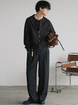 「WYM LIDNM（ウィム バイ リドム）のT/C CREW COMPACT CARDIGAN（カーディガン/ボレロ、ブラウン系）」を使った、げんじさん（メンズ・175cm）の秋コーディネート