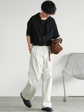 「WYM LIDNM（ウィム バイ リドム）のMVS LAYERED SLIT TANK TOP（タンクトップ、ブラック系）」を使った、げんじさん（メンズ・175cm）の春コーディネート