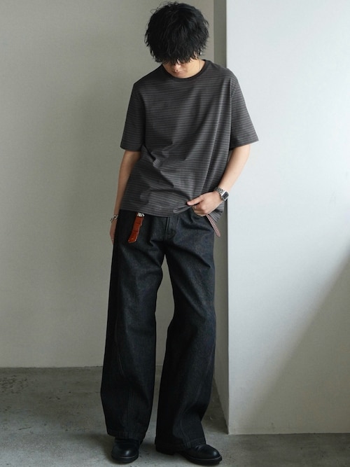 「WYM LIDNM(ウィム バイ リドム)のTONAL MULTI BORDER TEE(Tシャツ/カットソー)」を使った、げんじさん(メンズ・175cm)の春コーディネート