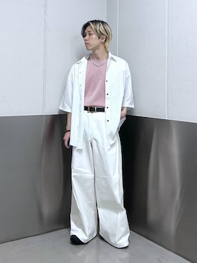 「RAGEBLUE（レイジブルー）の【LUXURY+EASY】DRAPE CREW NECK DESIGN STITCH T-SHIRT/ラグイージーワンポイント刺繍Tシャツ（Tシャツ/カットソー、ピンク系）」を使った、覇都さん（メンズ・162cm）の春コーディネート
